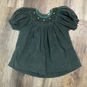 Green Corduroy Top with Teal and Brown Smocking